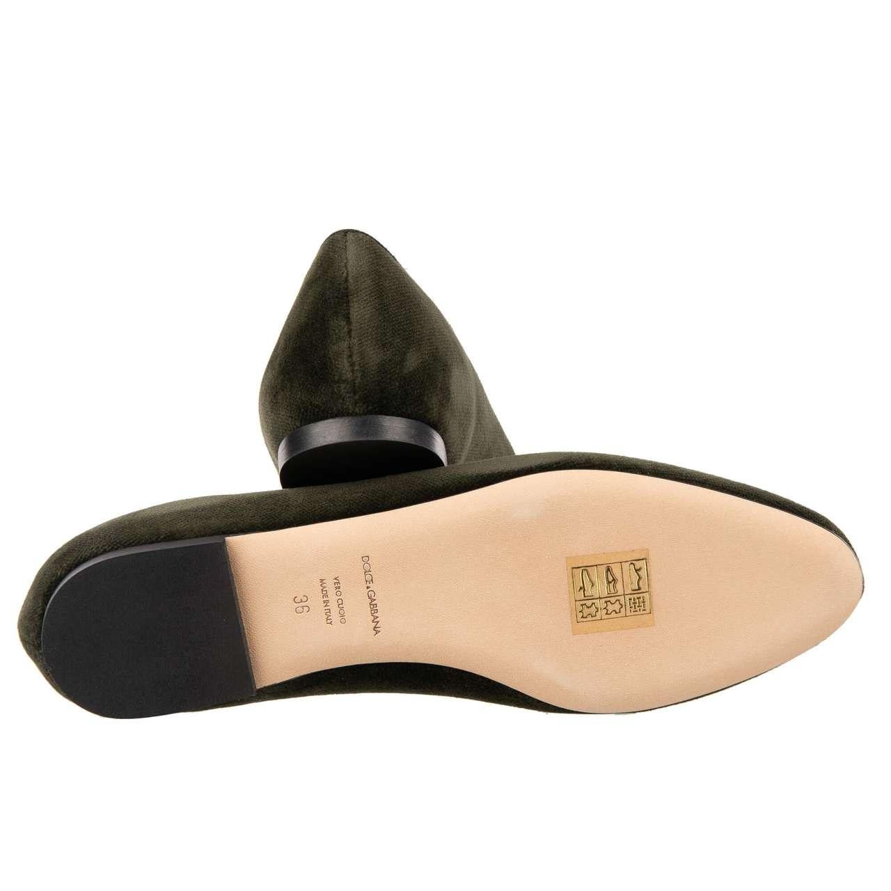 D&G Pearl Sacred Heart Embroidered Velvet Ballet Flats AUDREY Green Khaki EUR 35 For Sale 2