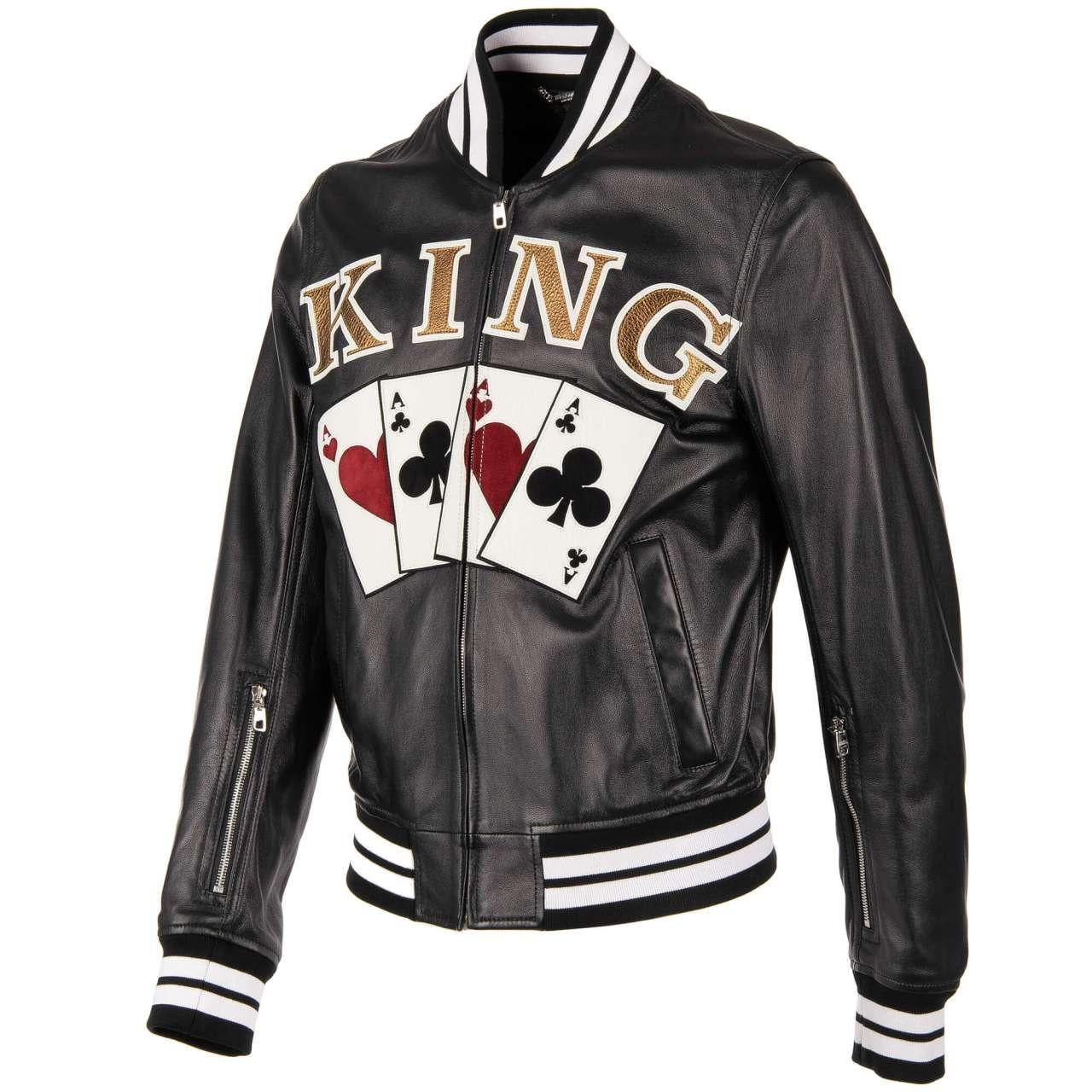 - Nappa Leather Bomber Jacket with embroidered playing cards and KING letters and hidden sleeves pockets by DOLCE & GABBANA - New with tag - Former RRP: EUR 2.850 - MADE IN ITALY - Regular Fit - Model: G9KV4L-GEB40-S9000 - Material: 90% Lambskin,