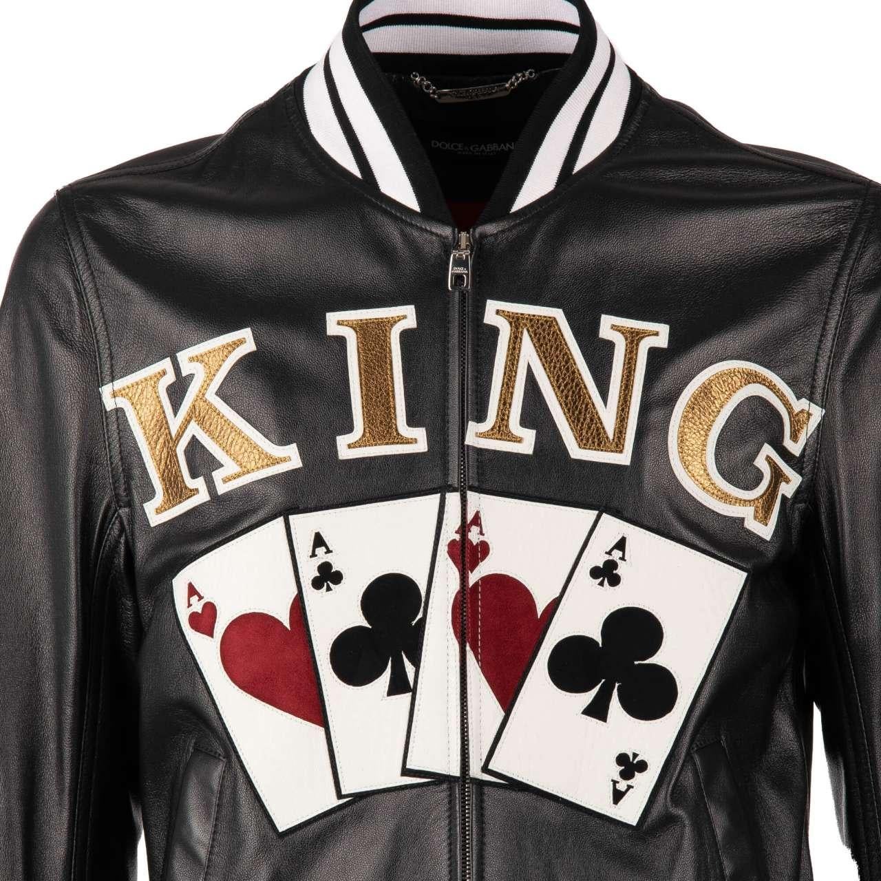 Men's D&G Playing Cards King Embroidered Nappa Leather Bomber Jacket Black 48 For Sale