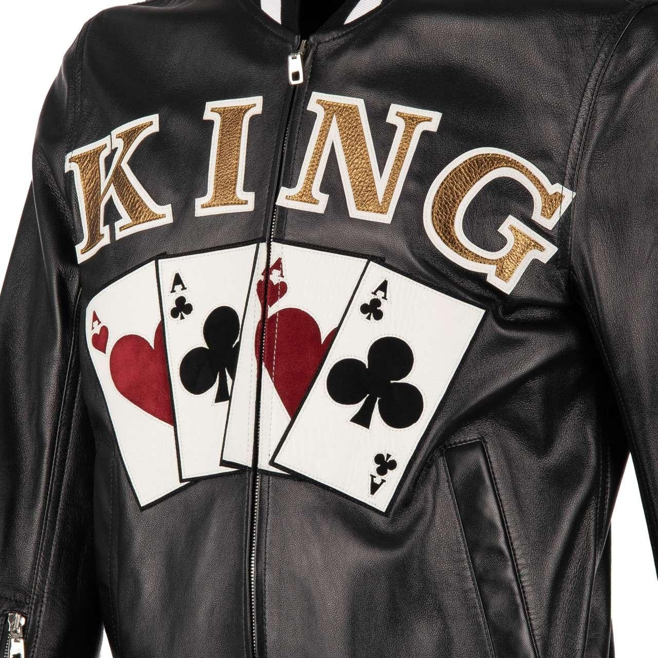 D&G Playing Cards King Embroidered Nappa Leather Bomber Jacket Black 48 For Sale 1