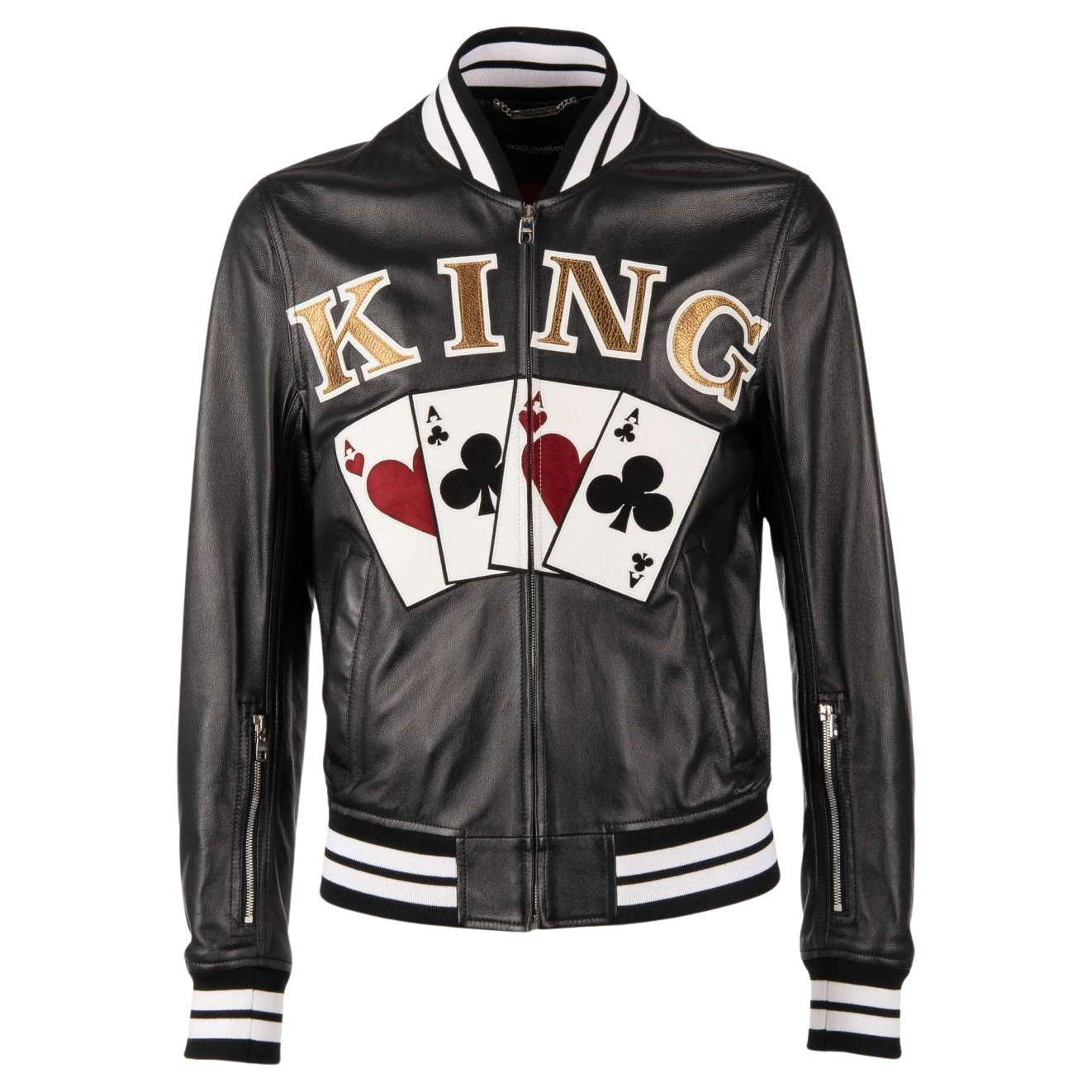 D&G Playing Cards King Embroidered Nappa Leather Bomber Jacket Black 48 For Sale