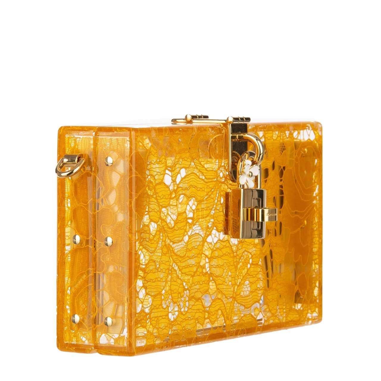 D&G Plexiglass Clutch Bag DOLCE BOX Rainbow with Taormina Lace Mustard Orange In Excellent Condition For Sale In Erkrath, DE