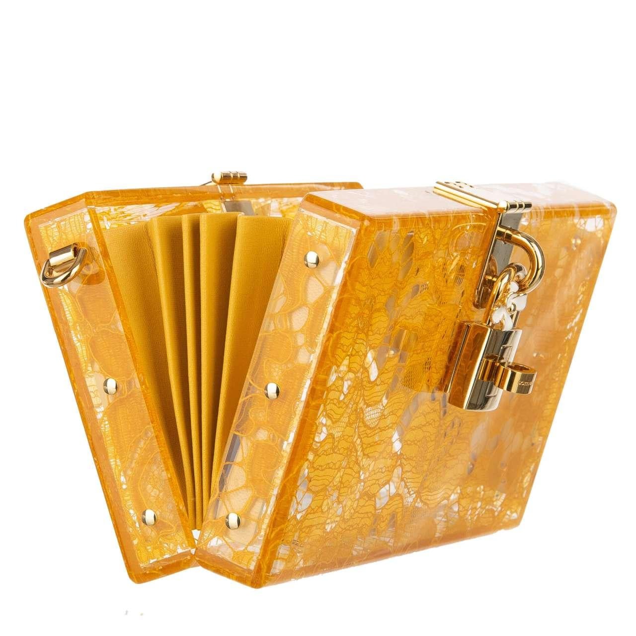 Women's D&G Plexiglass Clutch Bag DOLCE BOX Rainbow with Taormina Lace Mustard Orange For Sale