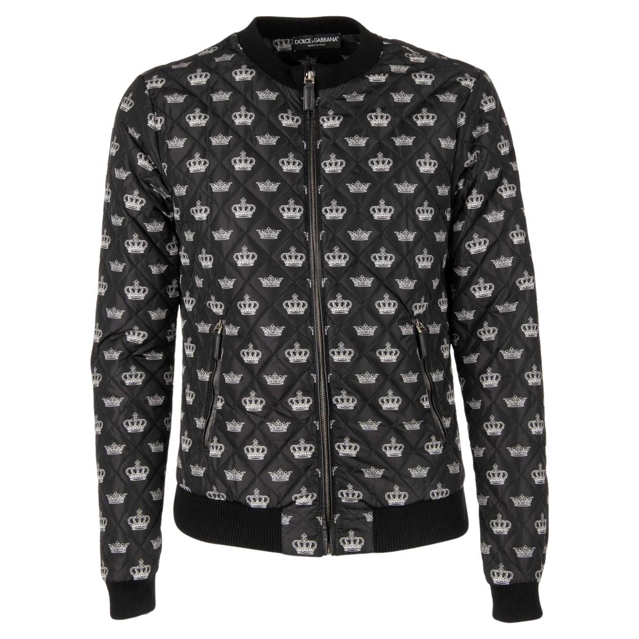 D&G Quilted Crowns Printed Bomber Jacket with Leather Details Black 46 For Sale