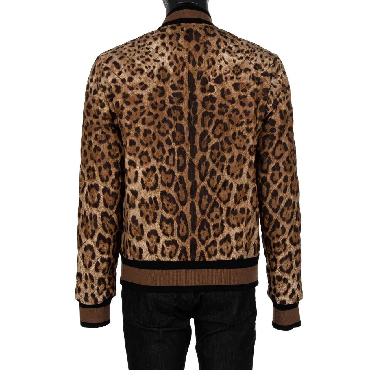 Men's D&G Quilted Leopard Printed Nylon Bomber Jacket with DG Logo Brown Black 50 For Sale