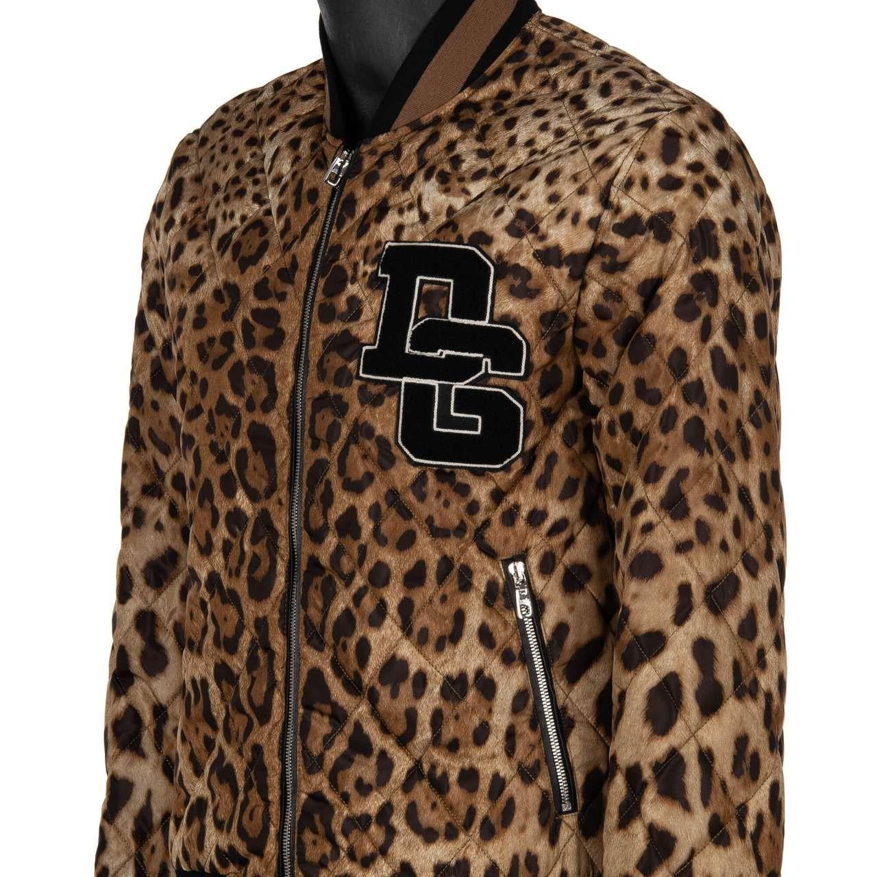 Men's D&G Quilted Leopard Printed Nylon Bomber Jacket with DG Logo Brown Black 52 For Sale