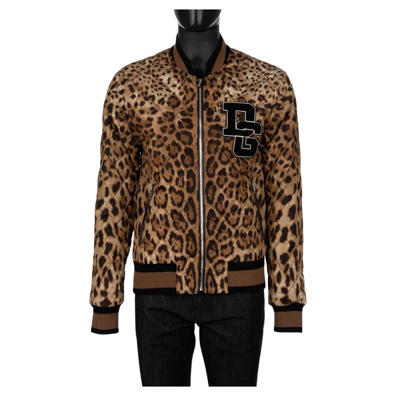 D&G Quilted Leopard Printed Nylon Bomber Jacket with DG Logo Brown Black 52 For Sale
