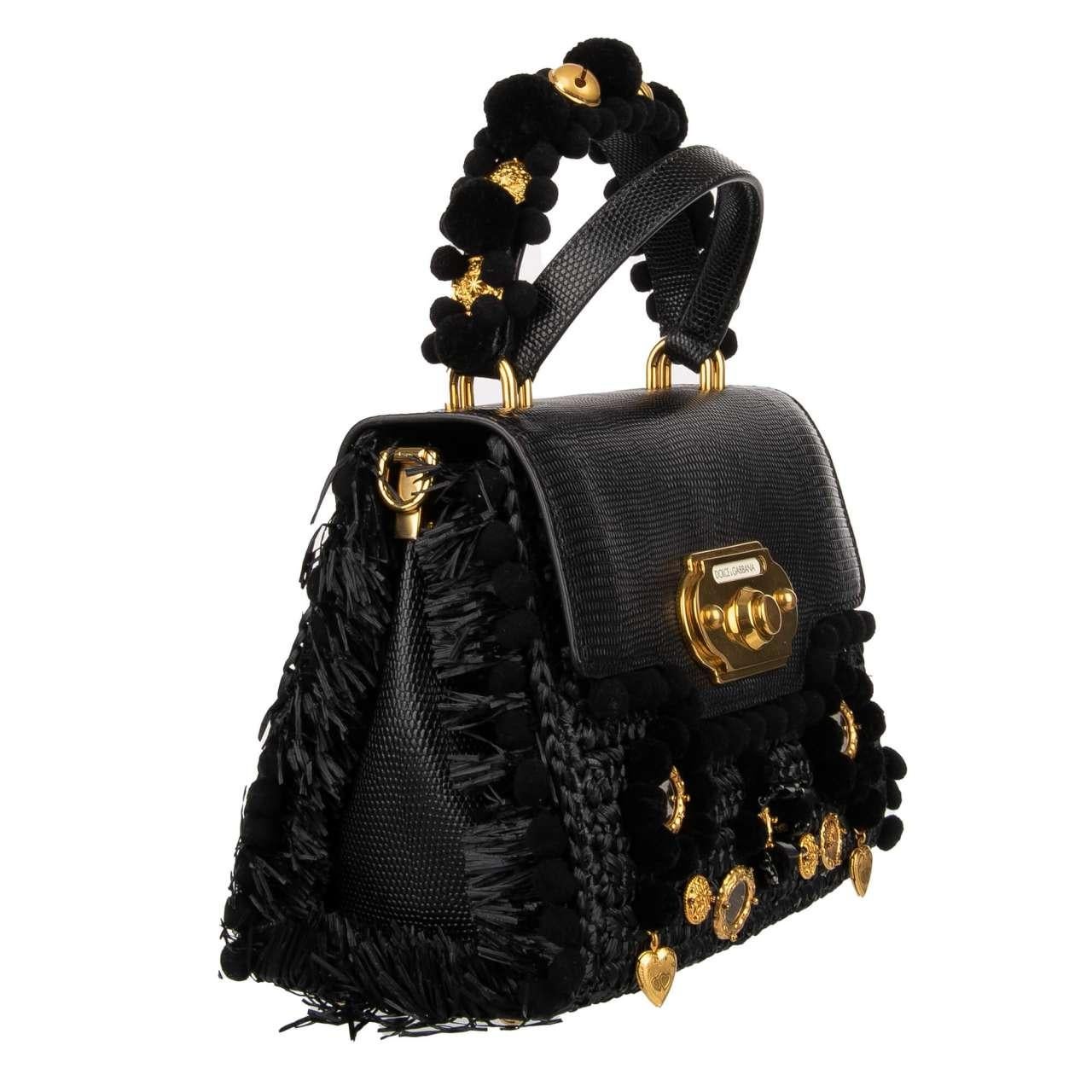 Women's D&G - Raffia and Leather Tote Bag WELCOME with Charms and Pompoms Black For Sale