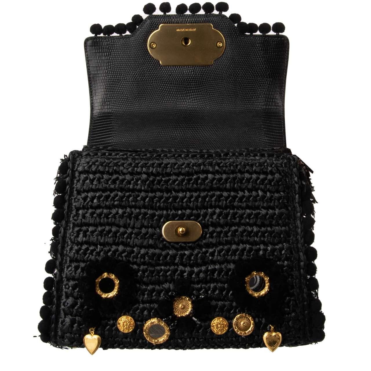 D&G - Raffia and Leather Tote Bag WELCOME with Charms and Pompoms Black For Sale 3