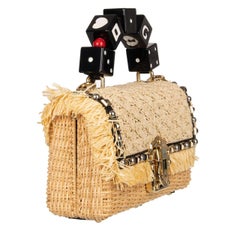 D&G Raffia Straw Shoulder Bag LUCIA with Studs and Dices Handle Beige Black
