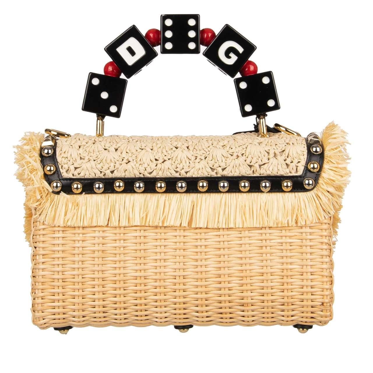 D&G Raffia Straw Shoulder Bag LUCIA with Studs and Dices Handle Beige Black In Excellent Condition For Sale In Erkrath, DE