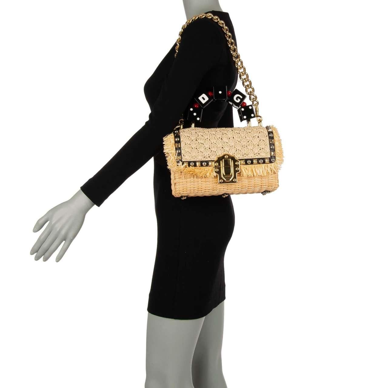 Women's D&G Raffia Straw Shoulder Bag LUCIA with Studs and Dices Handle Beige Black For Sale