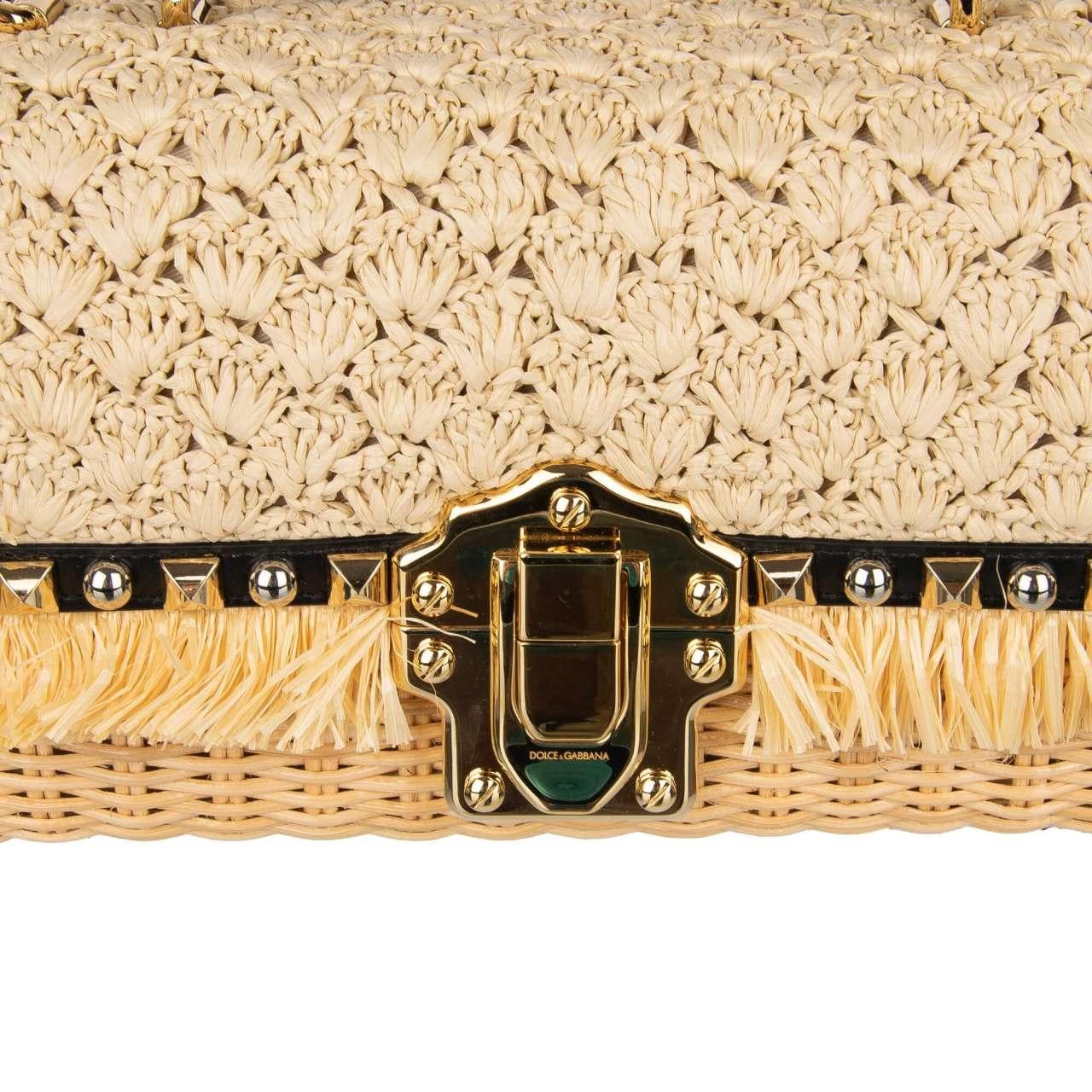 D&G Raffia Straw Shoulder Bag LUCIA with Studs and Dices Handle Beige Black For Sale 4