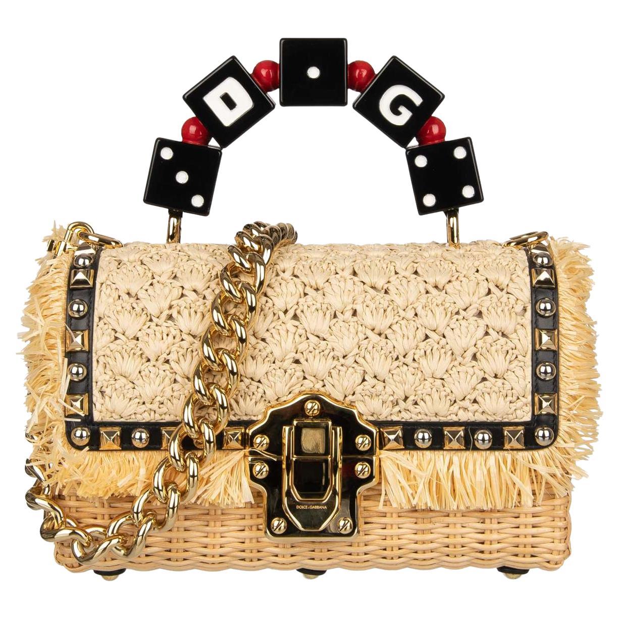 D&G Raffia Straw Shoulder Bag LUCIA with Studs and Dices Handle Beige Black For Sale