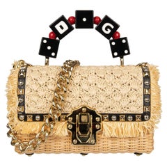 D&G Raffia Straw Shoulder Bag LUCIA with Studs and Dices Handle Beige Black