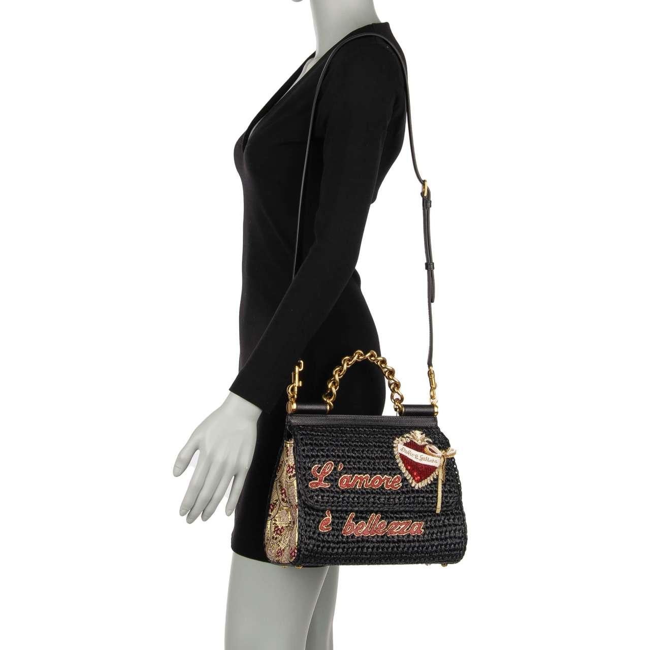 D&G Raffia Tote Shoulder Bag SICILY L'Amore e Bellezza with Heart Black In Excellent Condition For Sale In Erkrath, DE
