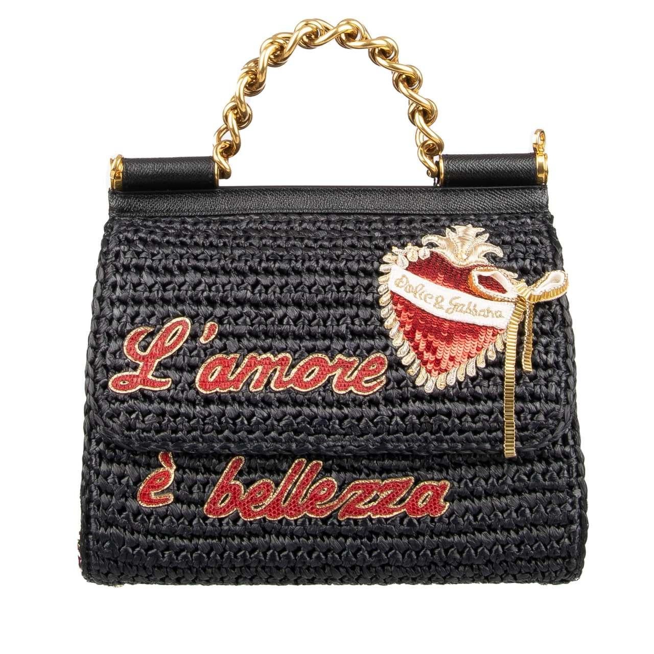 Women's D&G Raffia Tote Shoulder Bag SICILY L'Amore e Bellezza with Heart Black For Sale
