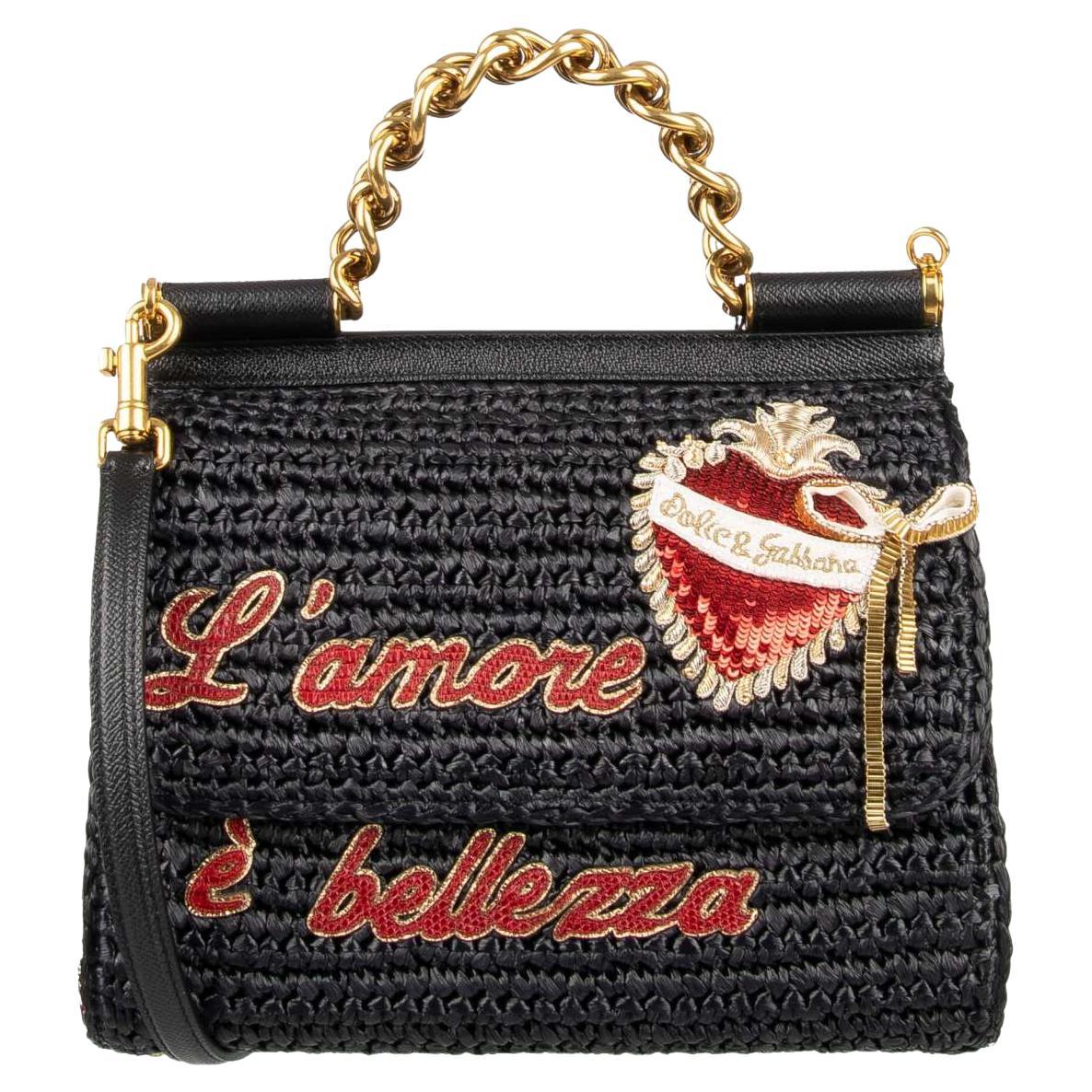 D&G Raffia Tote Shoulder Bag SICILY L'Amore e Bellezza with Heart Black For Sale