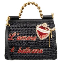D&G Raffia Tote Shoulder Bag SICILY L'Amore e Bellezza with Heart Black