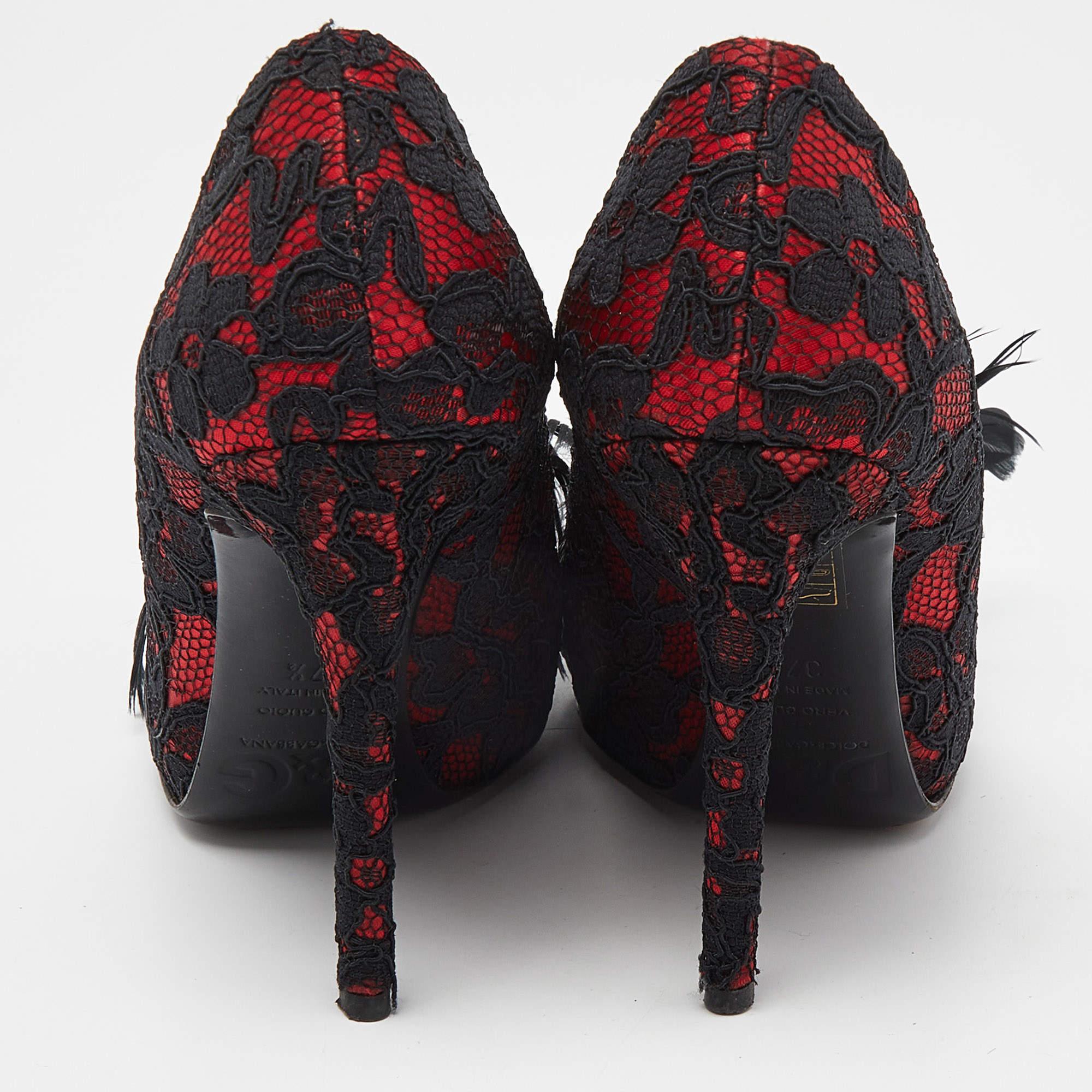 D&G Red/Black Feather and Crystal Embellished Lace and Satin Pumps Size 37.5 For Sale 1