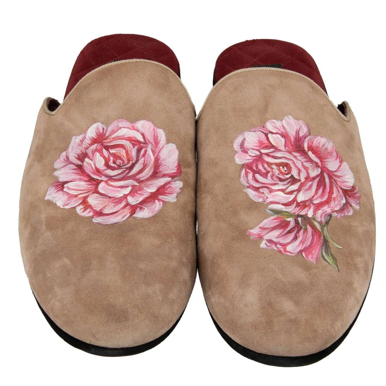 D&G - Rose Painted Suede Shoes Slipper YOUNG POPE Beige 44 UK 10 US 11 In Excellent Condition For Sale In Erkrath, DE