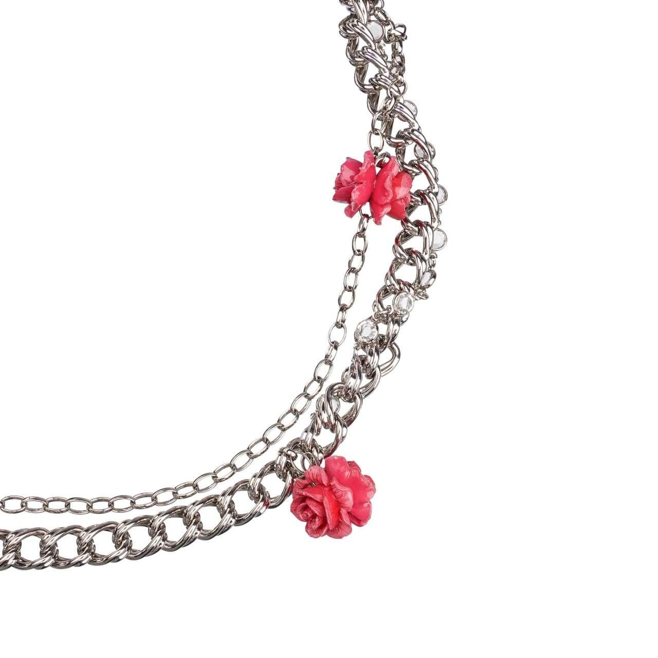 D&G Rose Roses Crystal Lizzard Structure Leather Chain Belt Pink Silver L In Excellent Condition For Sale In Erkrath, DE