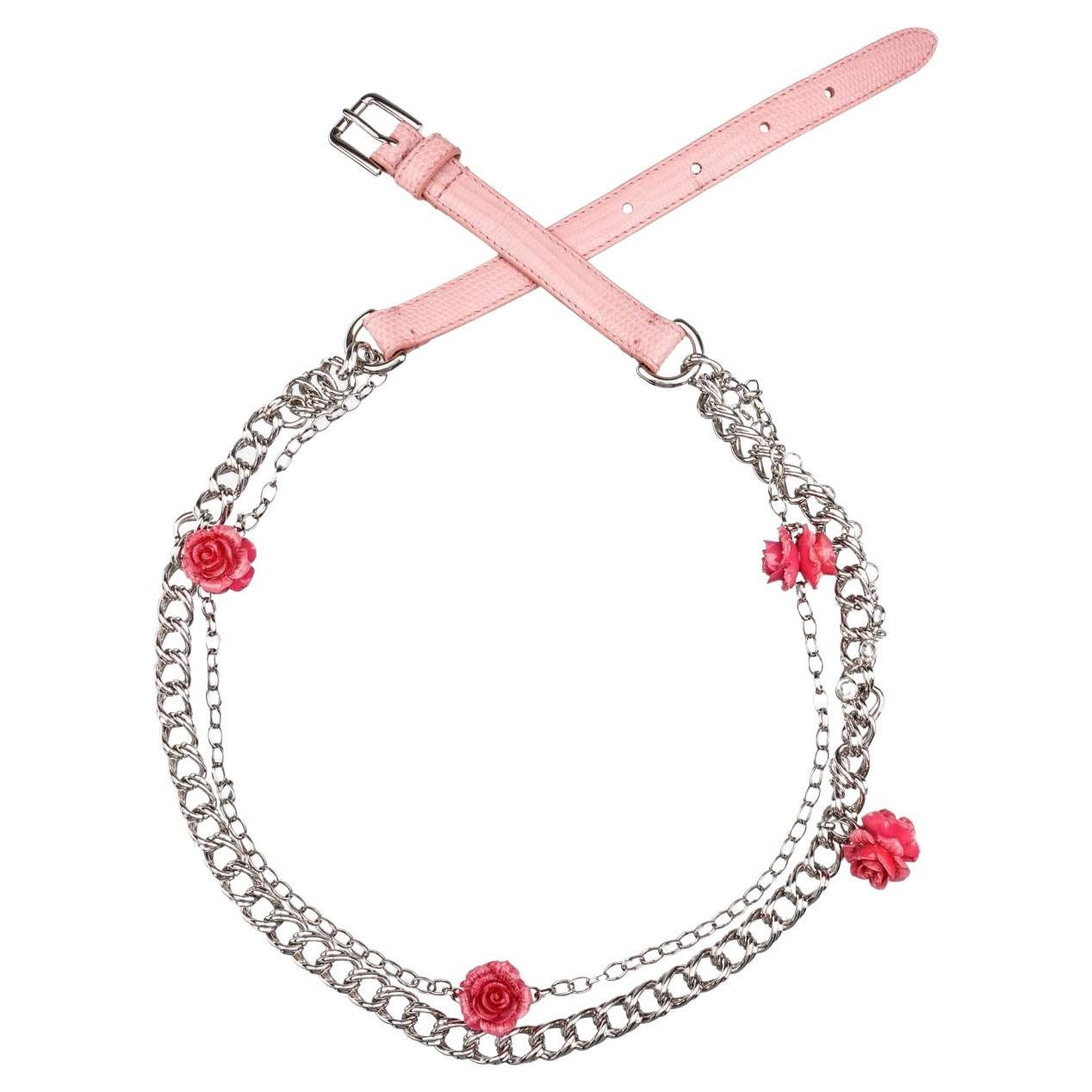 D&G Rose Roses Crystal Lizzard Structure Leather Chain Belt Pink Silver S For Sale