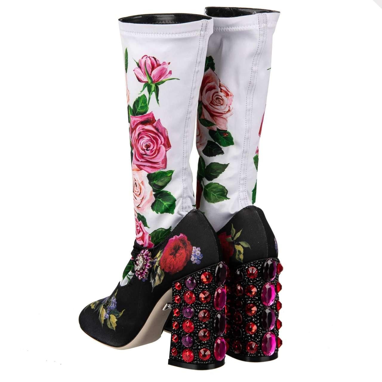 D&G Roses Printed Elastic Socks Pumps VALLY with Crystals Heel Black White 36 In Excellent Condition For Sale In Erkrath, DE