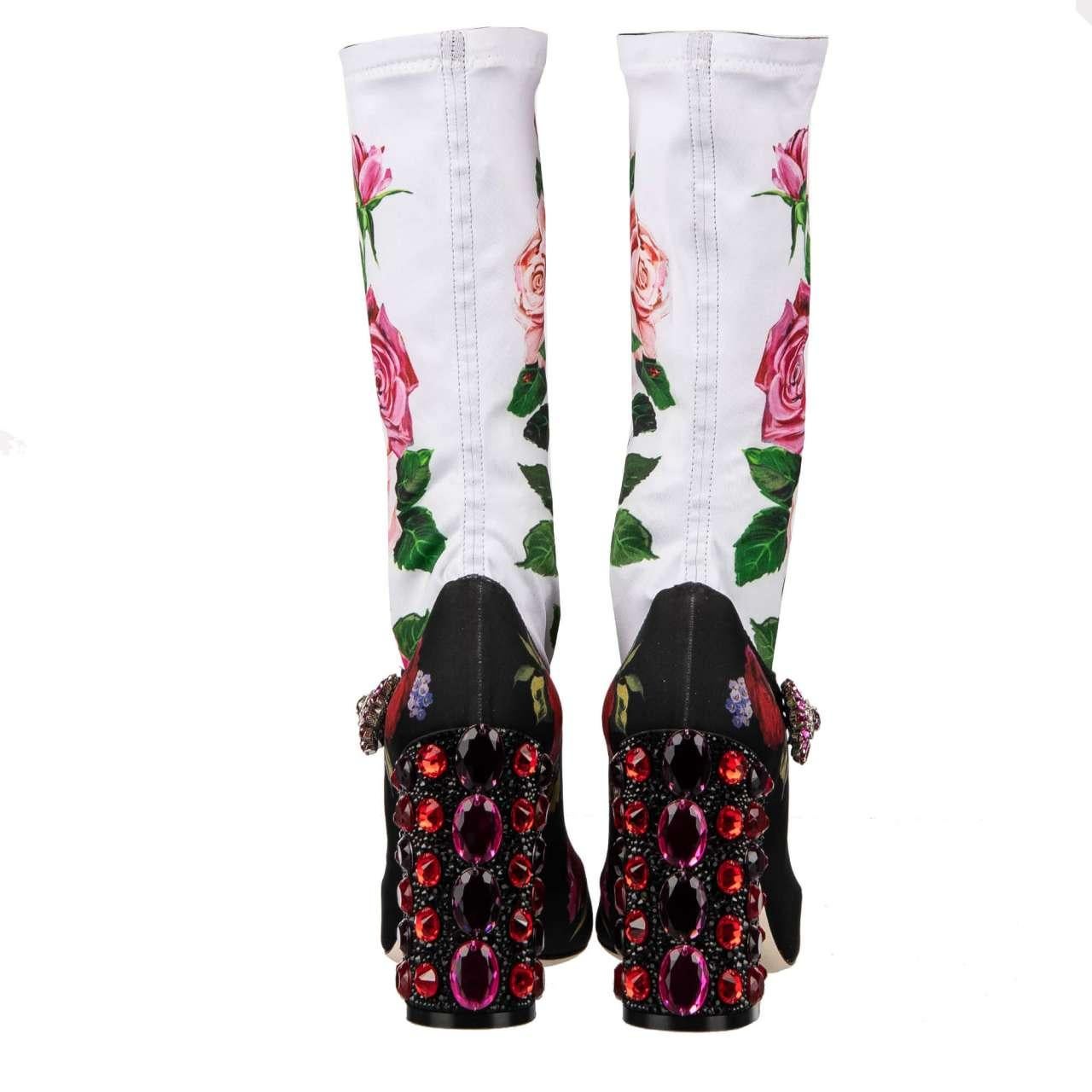 Women's D&G Roses Printed Elastic Socks Pumps VALLY with Crystals Heel Black White 36 For Sale