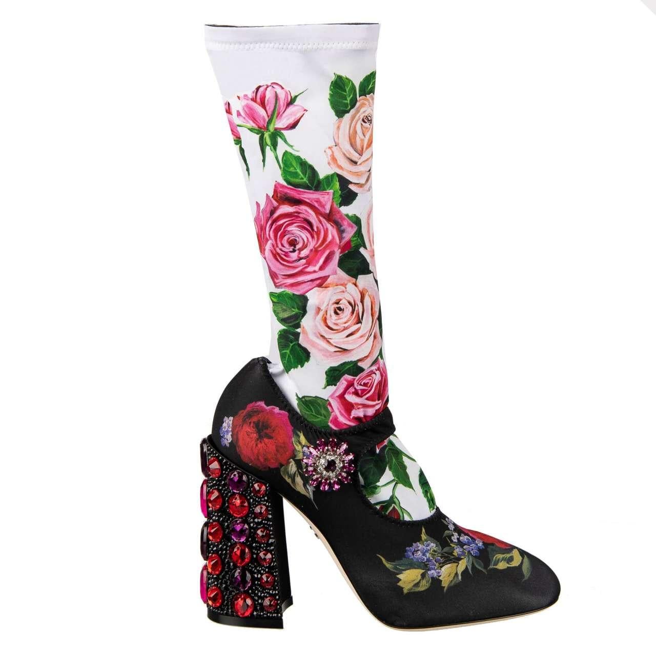 D&G Roses Printed Elastic Socks Pumps VALLY with Crystals Heel Black White 36 For Sale 3