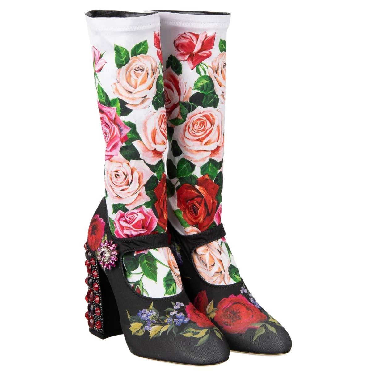 D&G Roses Printed Elastic Socks Pumps VALLY with Crystals Heel Black White 36 For Sale