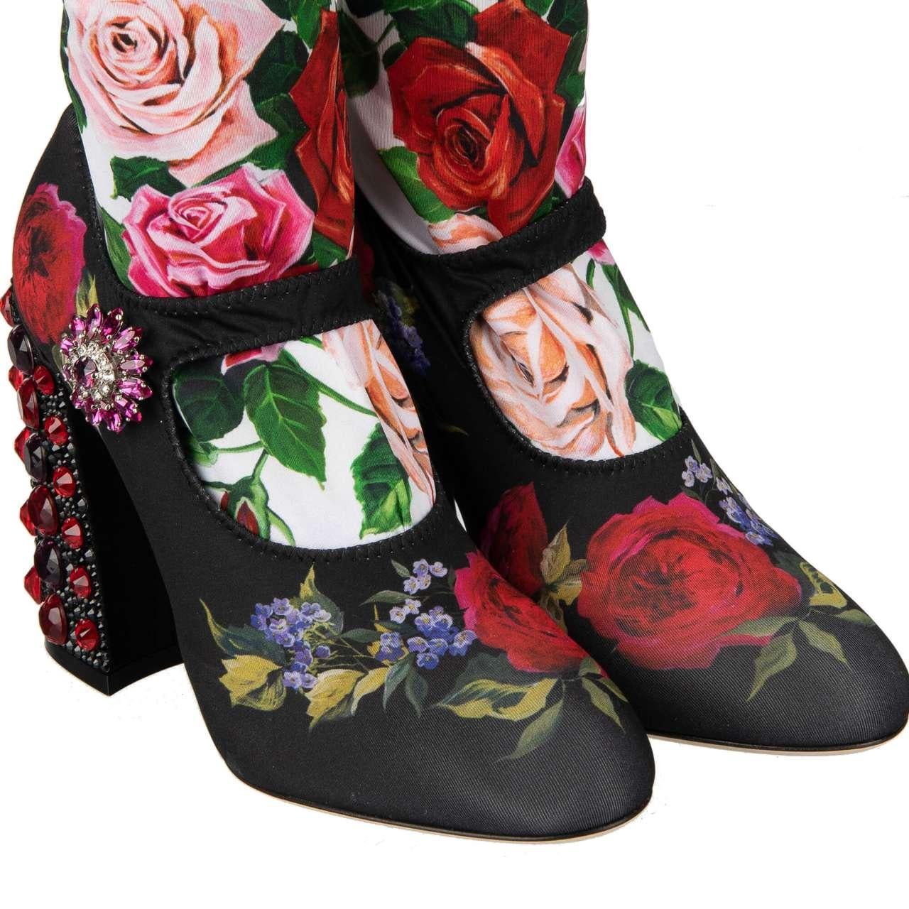 - Elastic Socks Pumps / Boots VALLY with roses print, crystals embellished block heel and crystals brooch by DOLCE & GABBANA - RUNWAY - Dolce&Gabbana Fashion Show - Former RRP: EUR 1.450 - MADE IN ITALY - New with Box - Elastic, floral roses printed