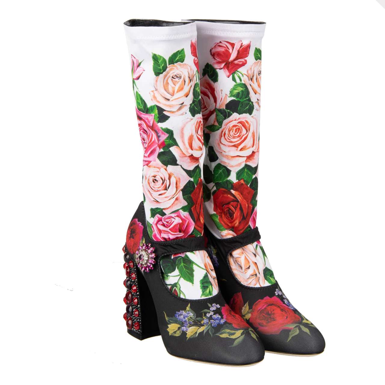 D&G Roses Printed Elastic Socks Pumps VALLY with Crystals Heel Black White 38 For Sale
