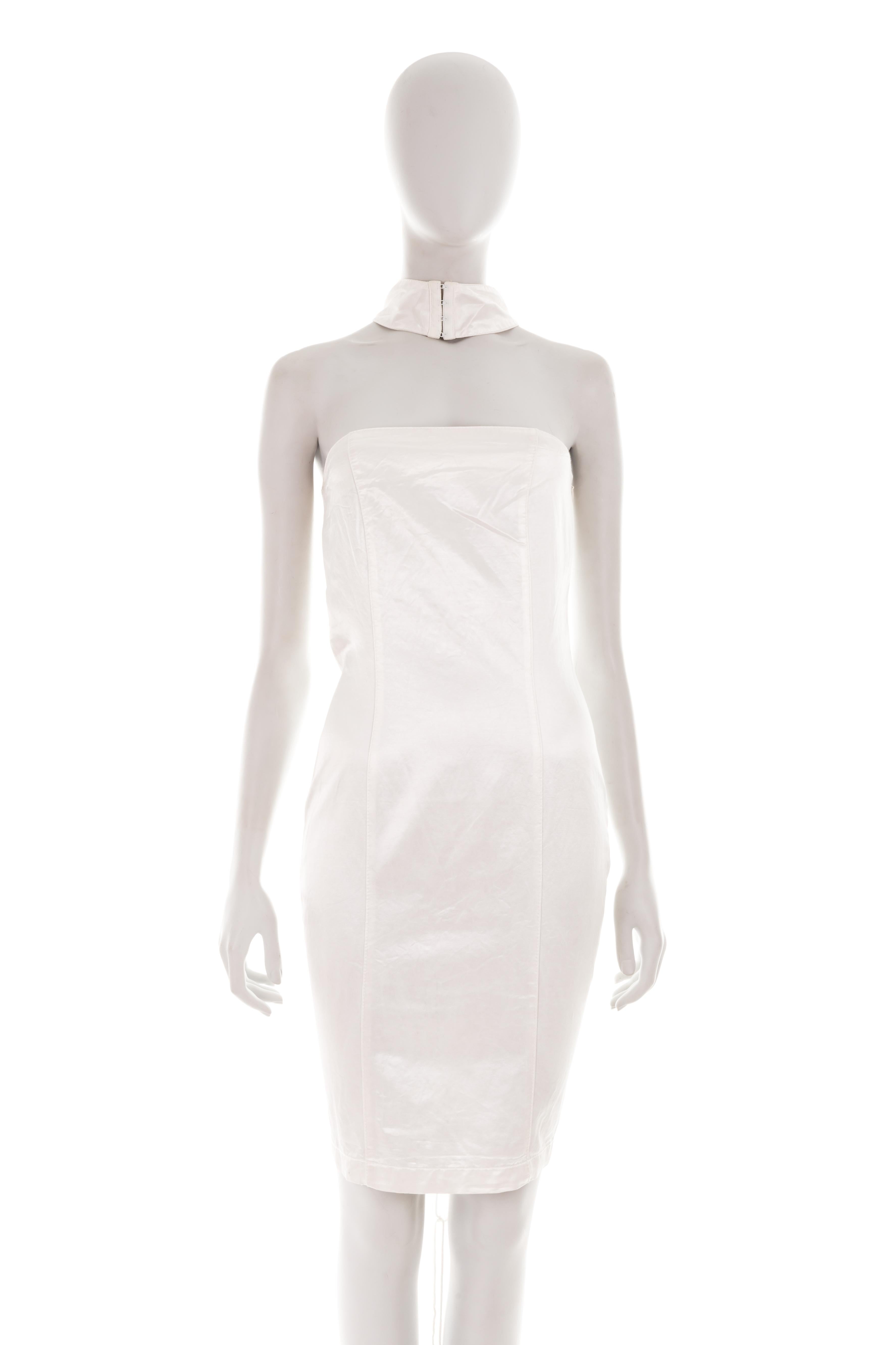 - D&G by Dolce & Gabbana
- Spring-summer 2004 collection 
- Sold by Gold Palms Vintage
- Structured white silk midi dress 
- Lace-up back
- Hook fastening halterneck
- Size: IT 44