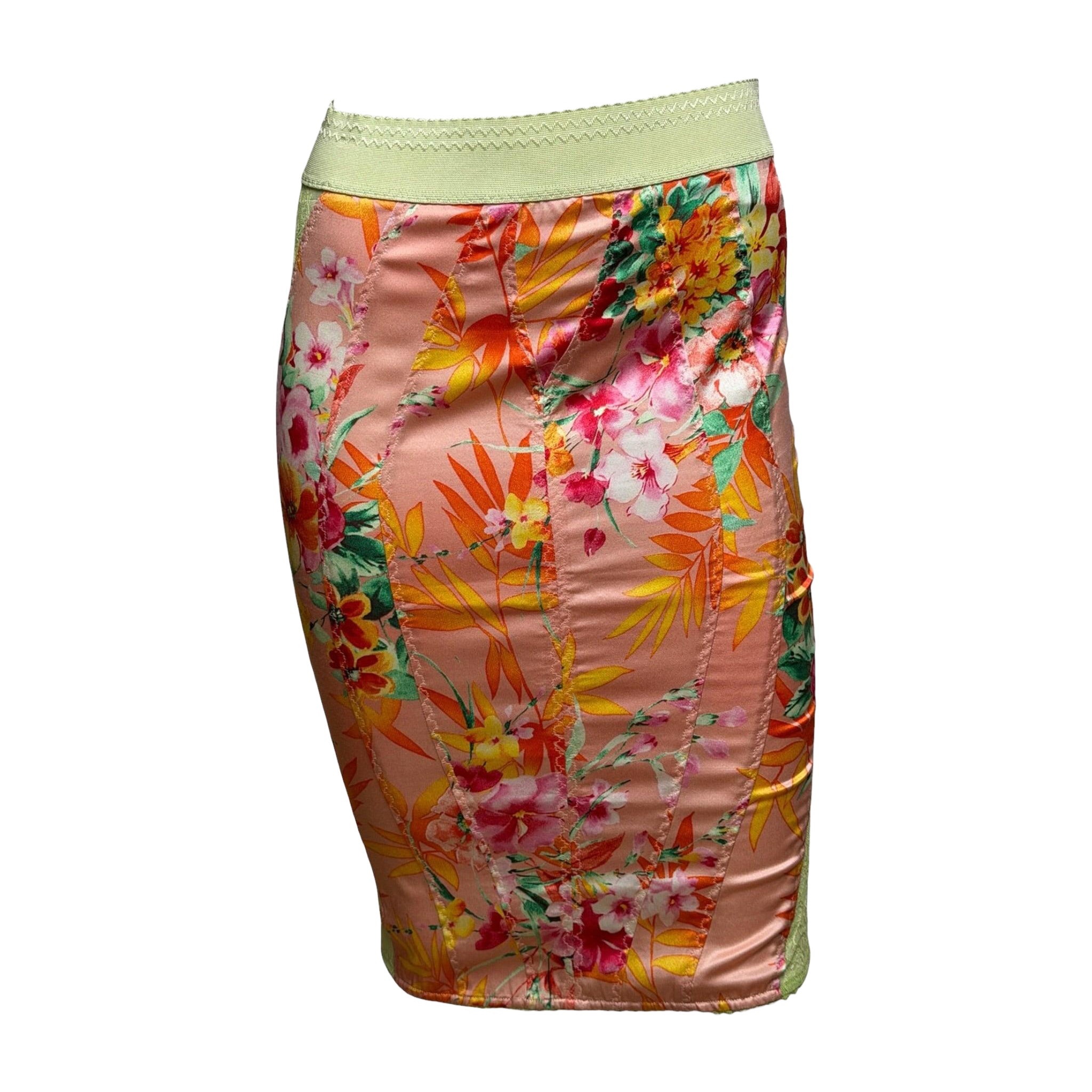 D&G S/S 2005 Peach Tropical Floral Panelled Lace-Insert Pencil Skirt