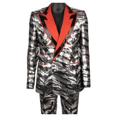 D&G Sequin Jacquard Double breasted Suit Silver Black Red 50 US 40 M L