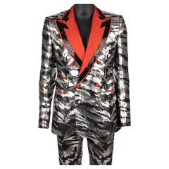 D&G Sequin Jacquard Double breasted Suit Silver Black Red 50 US 40 M L