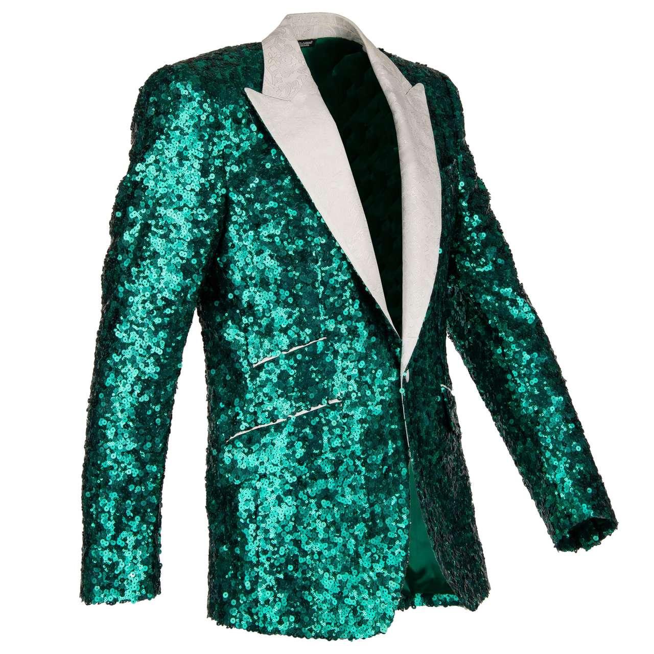 D&G Sequined Tuxedo Blazer SICILIA with Jacquard Lapel Green White 58 In Excellent Condition For Sale In Erkrath, DE