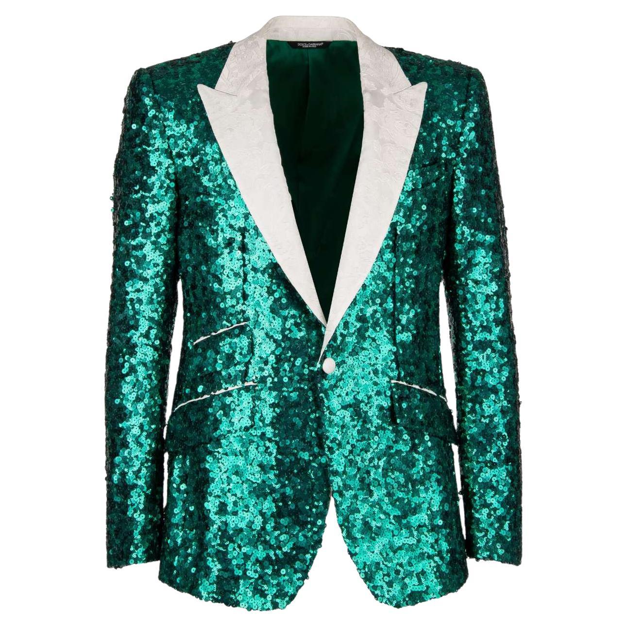 D&G Sequined Tuxedo Blazer SICILIA with Jacquard Lapel Green White 58 For Sale