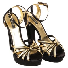 D&G Silk Platform Sandals Pumps BIANCA with Crystal Buckle Black Gold 40