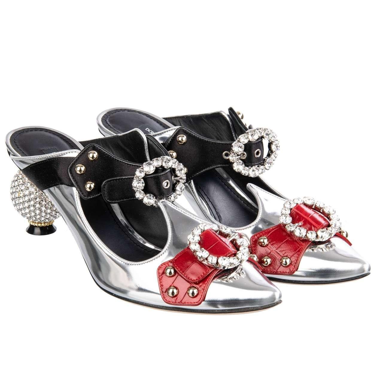 - Pointed metallic leather Mule Pumps ALADINO in silver with two crystals embellished buckles and crytals ball heel by DOLCE & GABBANA - New with Box - MADE IN ITALY - Former RRP: EUR 1.750 - Crystals embellished buckles and crystal ball heel -