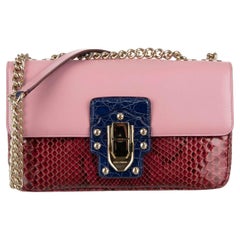 D&G Snake Caiman Leather Shoulder Bag LUCIA with Chain Strap Red Pink