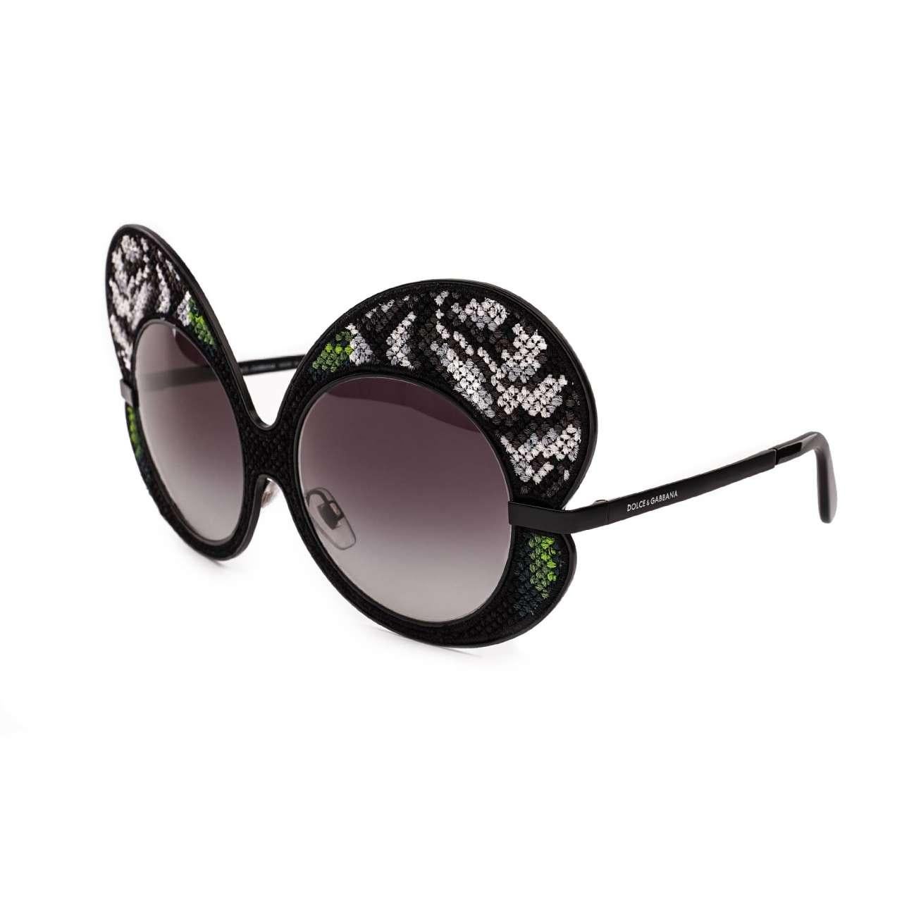 - Special Edition Butterfly Sunglasses DG2163 embellished with flower hand embroidery by DOLCE & GABBANA - MADE IN ITALY - Former RRP: EUR 700 - New with Case - Model: VG2163-VM48H-9V000 - Color Frame: Black / Green / White / Gray - Color Lense: Mat
