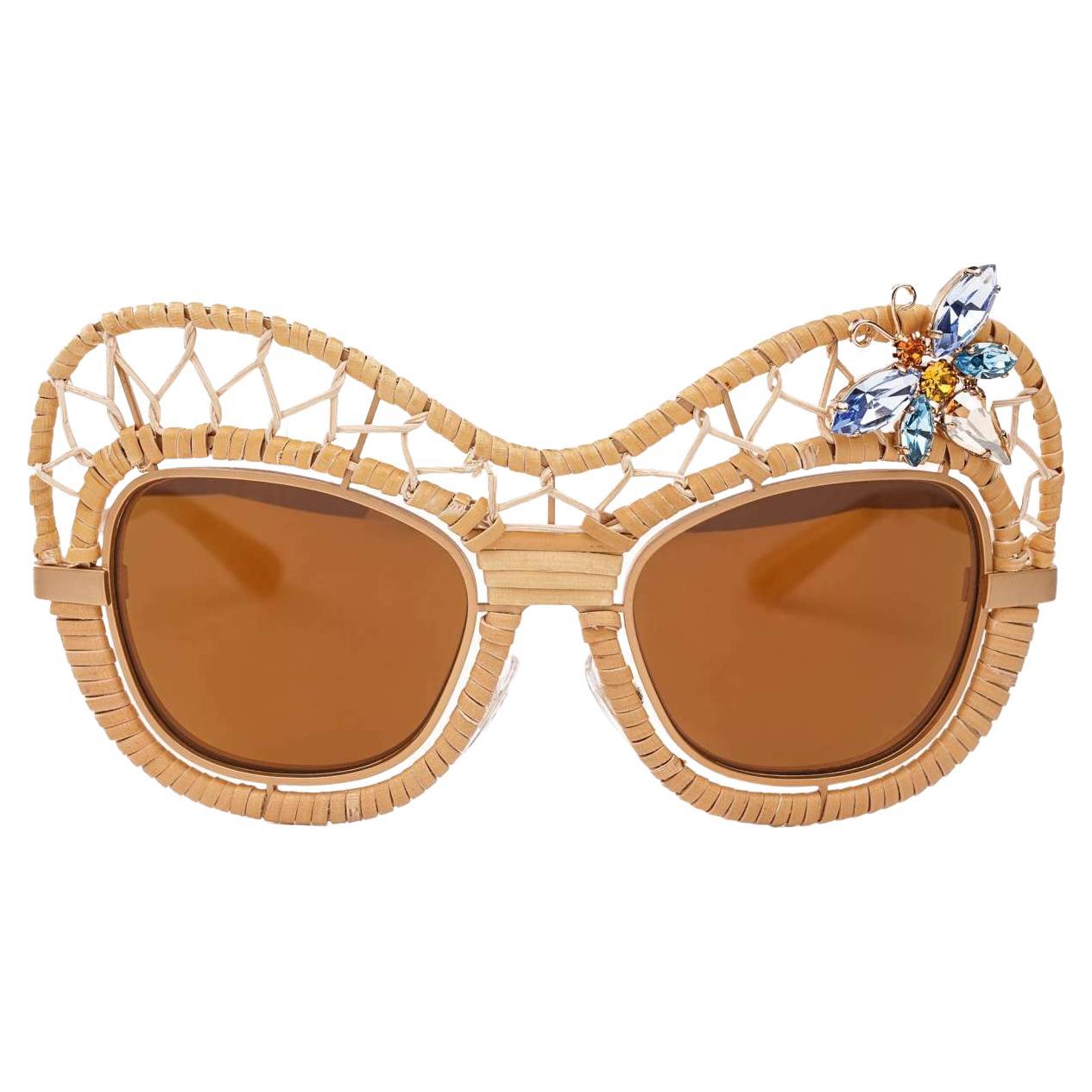 D&G-Special Edition Straw Butterfly Sunglasses DG2159-B with Crystals Beige Gold For Sale