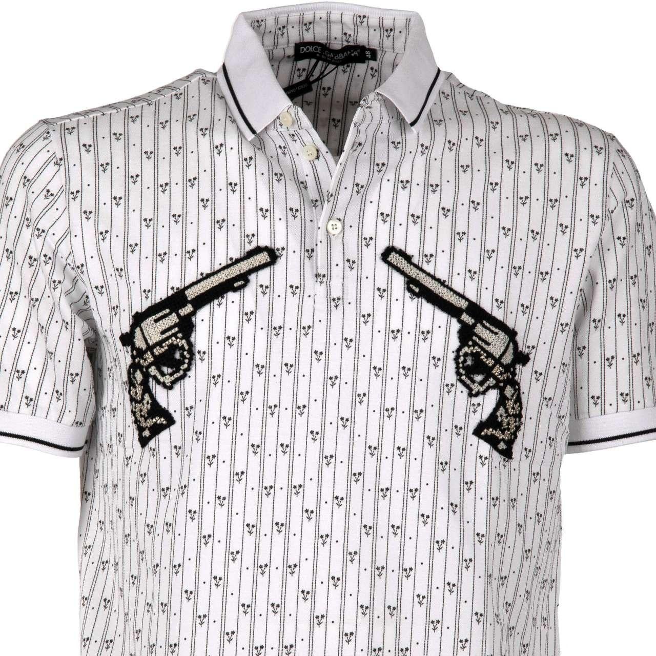Men's D&G Striped Cotton Polo Shirt with Embroidered Pistols White Black 44 For Sale