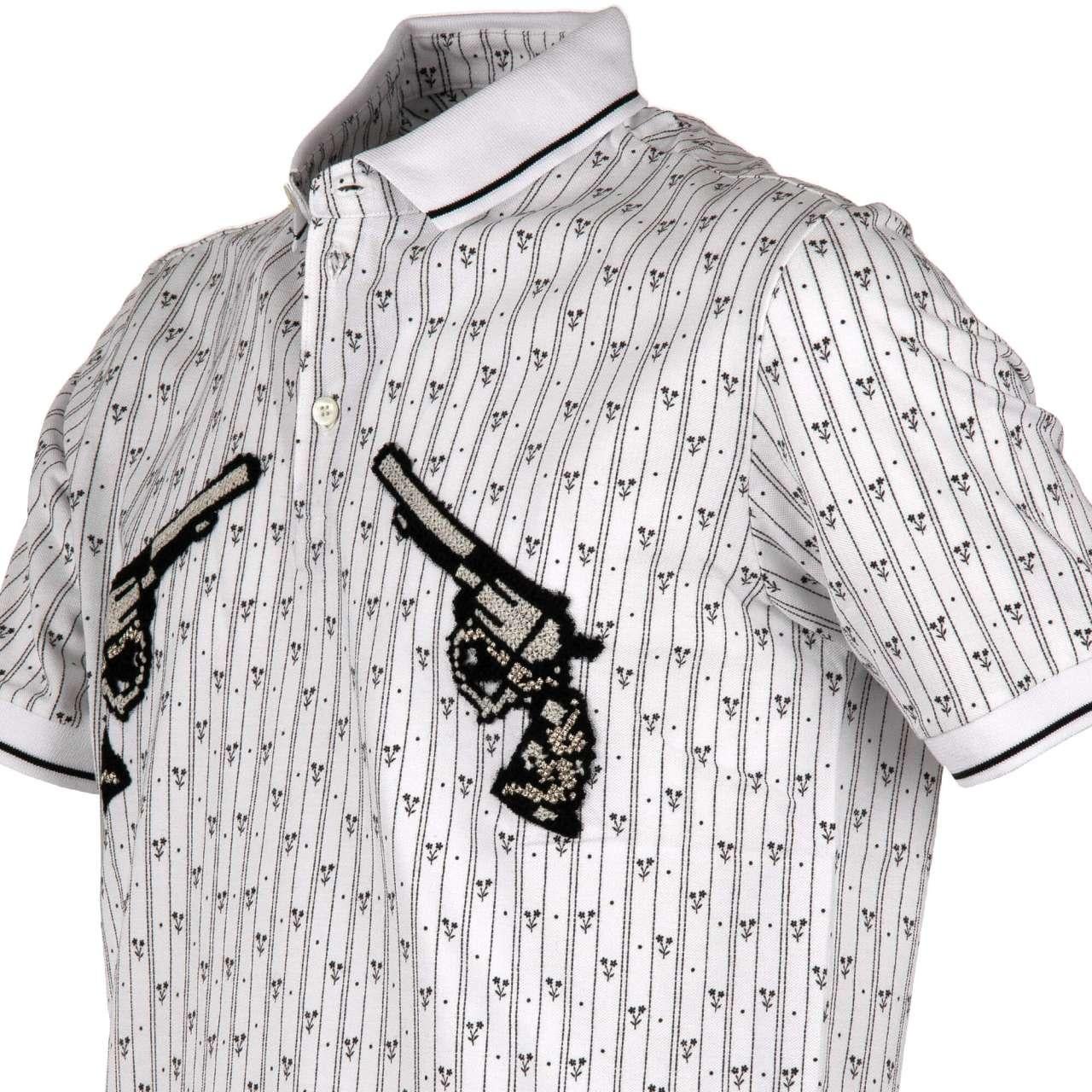 D&G Striped Cotton Polo Shirt with Embroidered Pistols White Black 44 For Sale 1