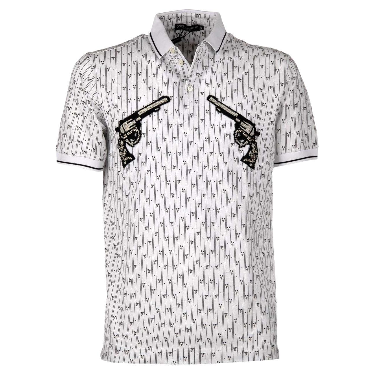 D&G Striped Cotton Polo Shirt with Embroidered Pistols White Black 44 For Sale
