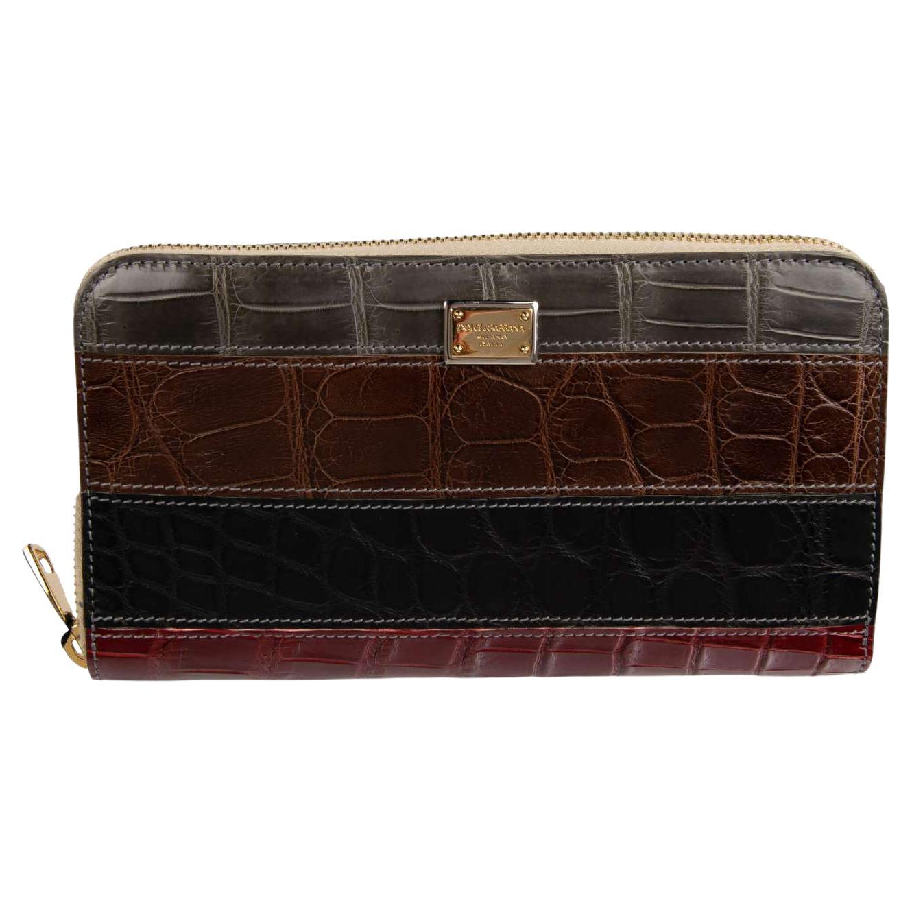 D&G Striped Patchwork Crocodile Leather Zip-Around Wallet Black Gray Brown For Sale