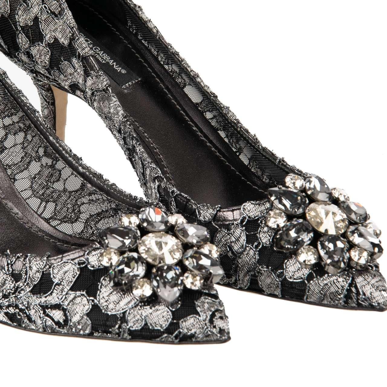 D&G Taormina Lace Pumps BELLUCCI with Crystal Brooch Silver Black EUR 36 In Excellent Condition For Sale In Erkrath, DE