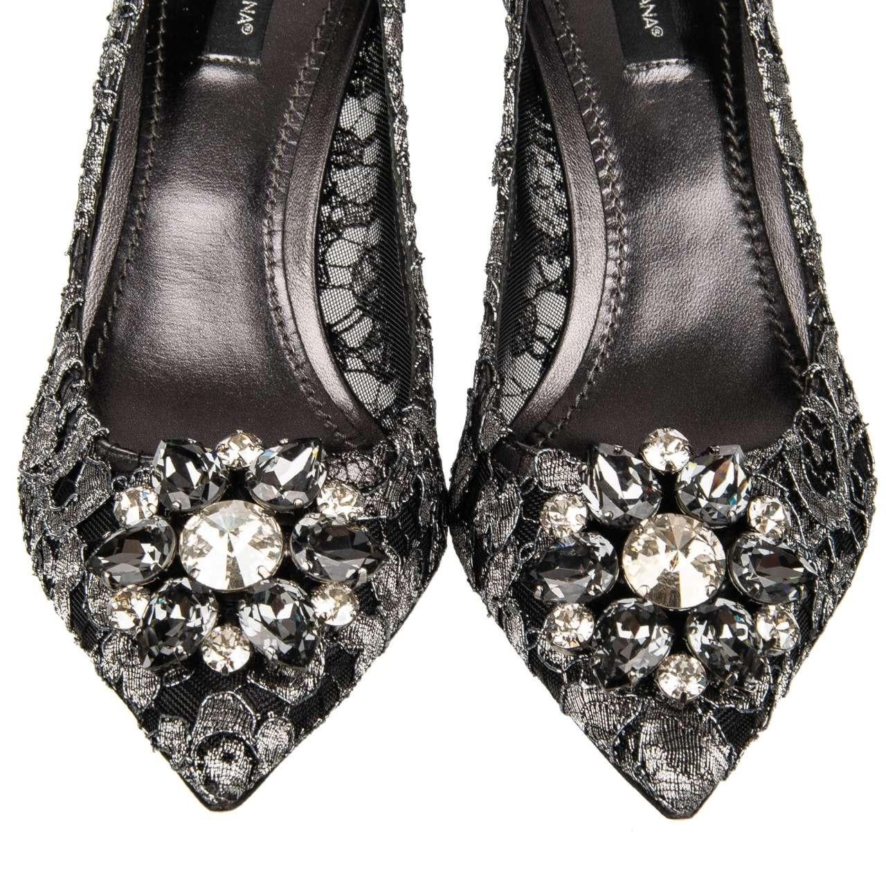 Women's D&G Taormina Lace Pumps BELLUCCI with Crystal Brooch Silver Black EUR 36 For Sale